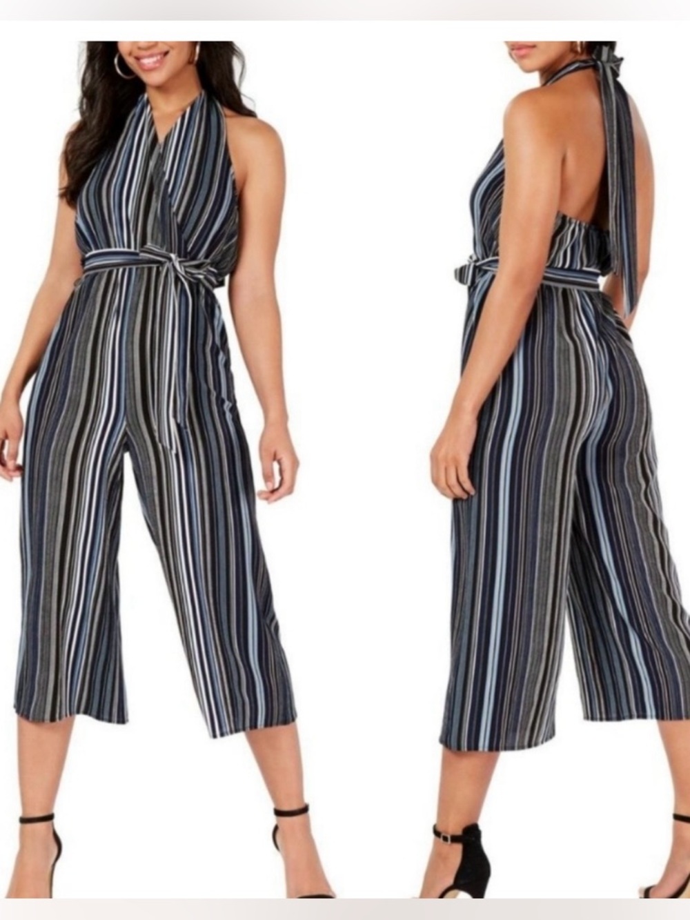 Almost Famous Black Striped Halter Neck Jumpsuit Size Large NEW Sleeveless